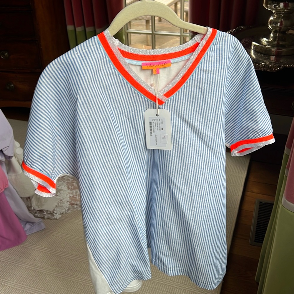 Vilagallo Blue & Neon Orange Striped Short Sleeve Tee